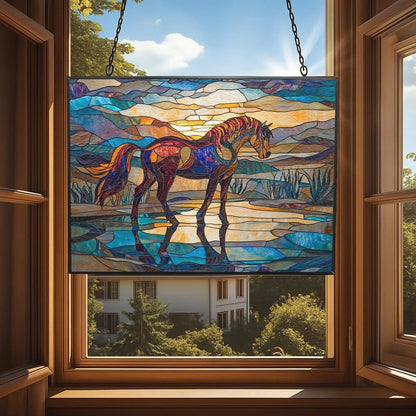 Rectangle Art Nouveau Wild Horse Oasis Stained Glass Window Hanging Customized Suncatcher Glass Panel with Metal Chain Sun Catchers Wall Art Home Decor Gift for Women Mothers Day