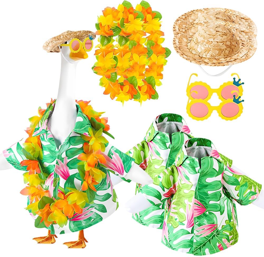 Hawaiian Porch Goose Outfits,2025 New Yard Goose Clothes Hawaiian Wreath with Straw Hat Glasses,4 Pcs/Set Summer Lawn Goose Costume,for 23" Statue Patio Garden Decoration