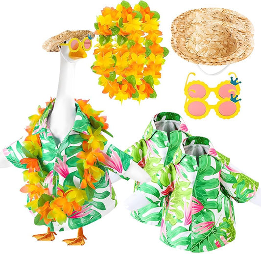 Hawaiian Porch Goose Outfits,2025 New Yard Goose Clothes Hawaiian Wreath with Straw Hat Glasses,4 Pcs/Set Summer Lawn Goose Costume,for 23" Statue Patio Garden Decoration