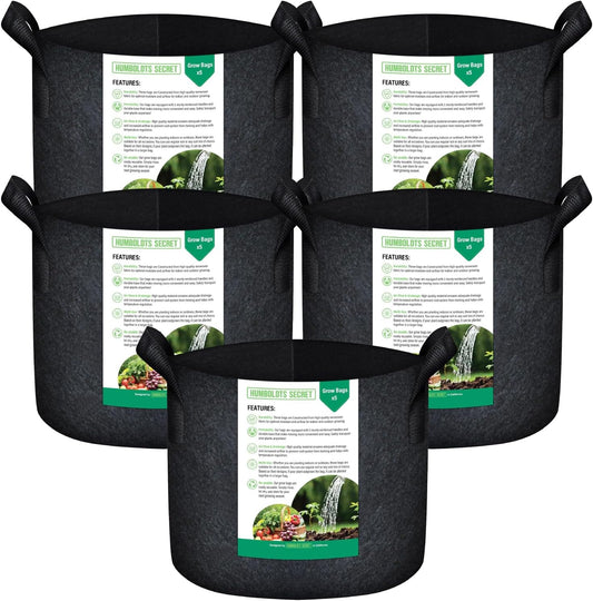 Humboldts Secret Fabric Grow Bags - Non Woven Fabric Plant Pots - Reusable Garden Bags - Plant Grow Bags for Indoor and Outdoor Plants - Thick Fabric Pots with Handles (5-Pack) (7 Gallon)