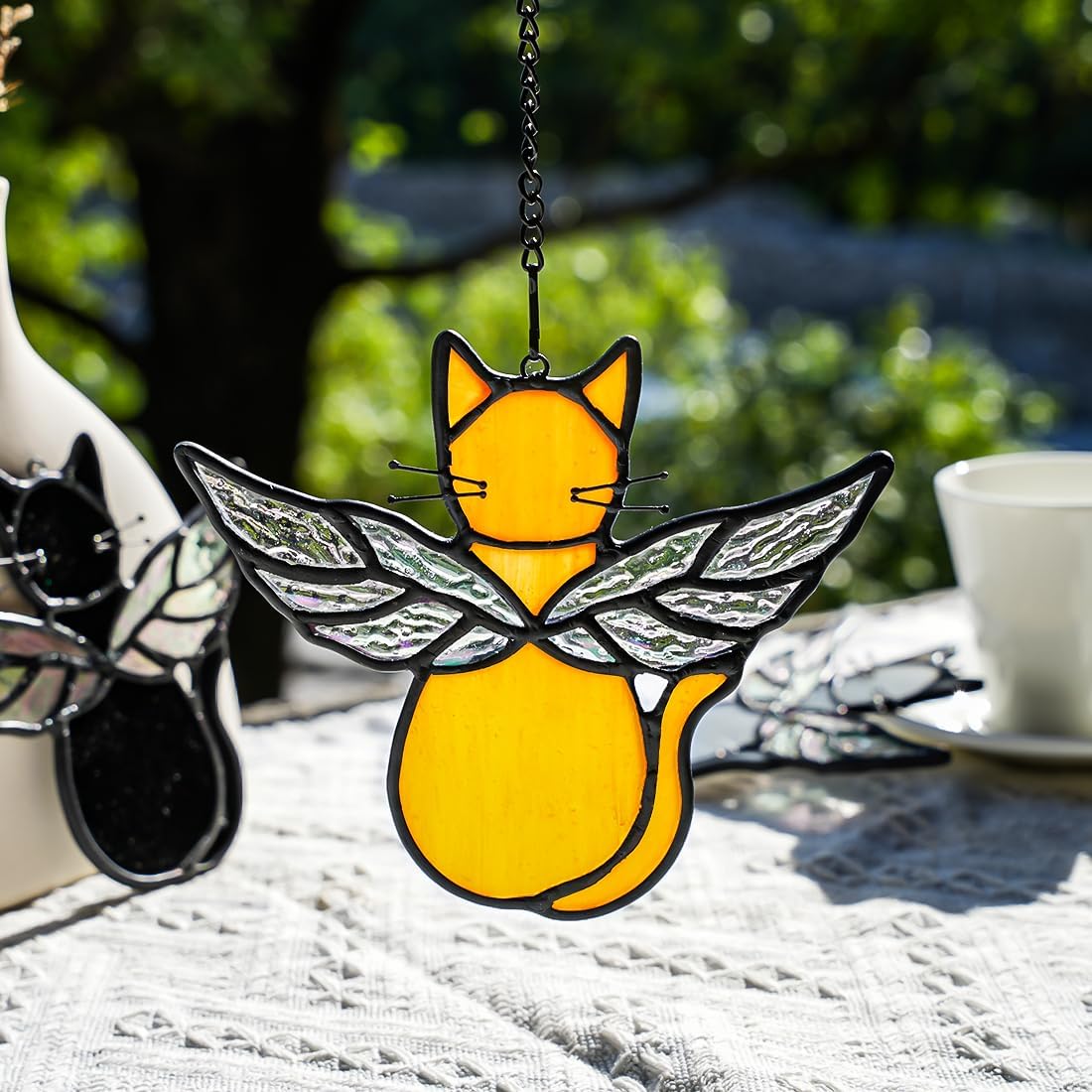 Orange Cat Memorial Gift Stained Glass Suncatcher,Angel Cat Decor Stained Glass Window Hangings,Loss of Cats Sympathy Gifts for Catss Lover,Pet Memorial Gifts for Women