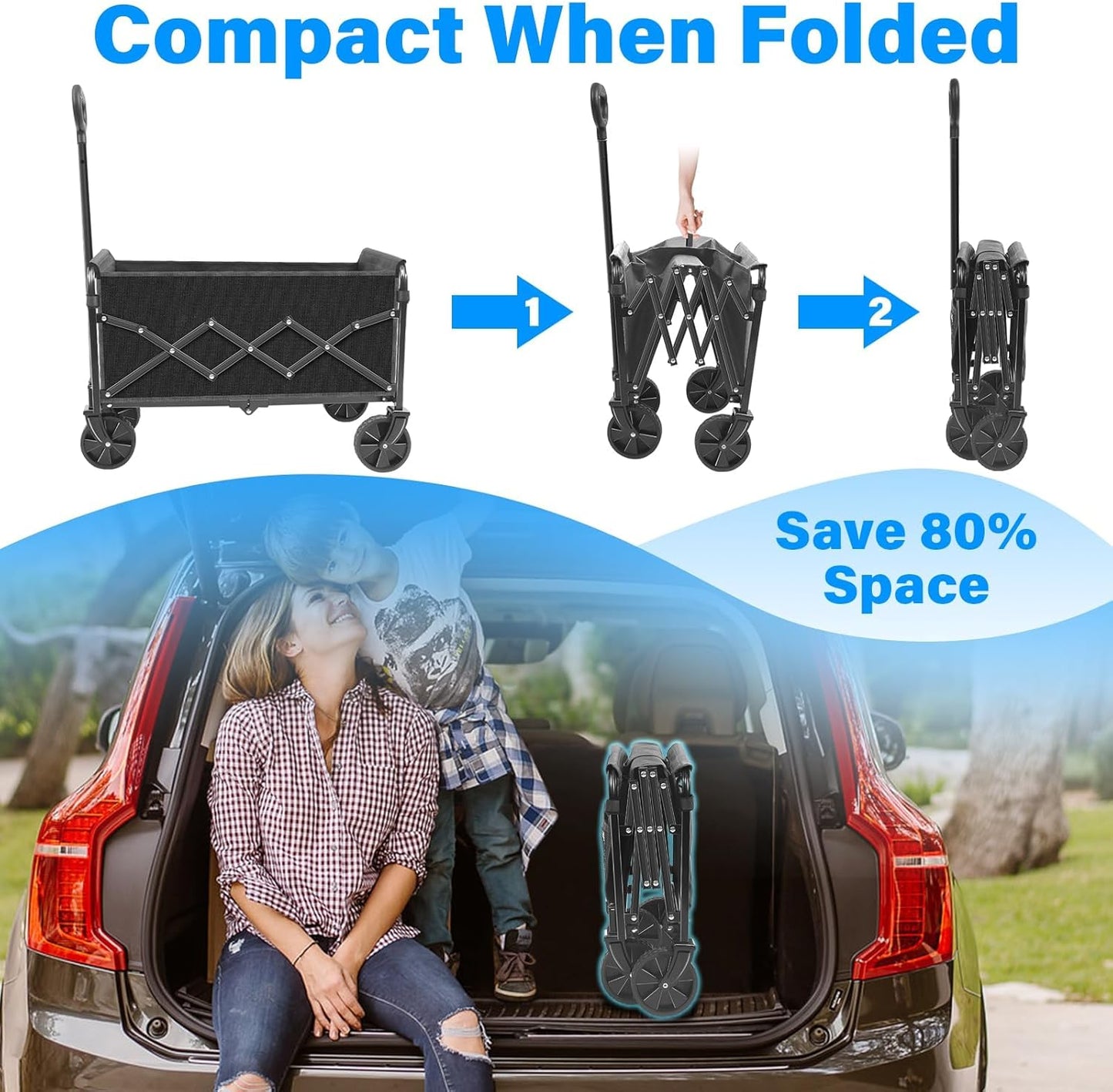 Wagons Carts Foldable - Collapsible Wagon Cart with Wheels Foldable - Utility Folding Wagon Cart for Sports Camping Grocery, Black