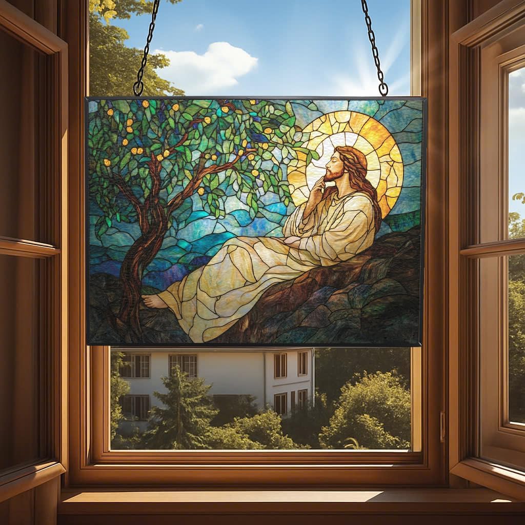 Customized Rectangle Art Nouveau Olive Tree Jesus Prayer Stained Glass Suncatcher Window Hangings, Suncatchers Glass Panel Sun Catchers Gifts Home Decor Garden Christmas Halloween Wedding
