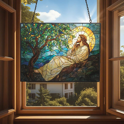 Customized Rectangle Art Nouveau Olive Tree Jesus Prayer Stained Glass Suncatcher Window Hangings, Suncatchers Glass Panel Sun Catchers Gifts Home Decor Garden Christmas Halloween Wedding
