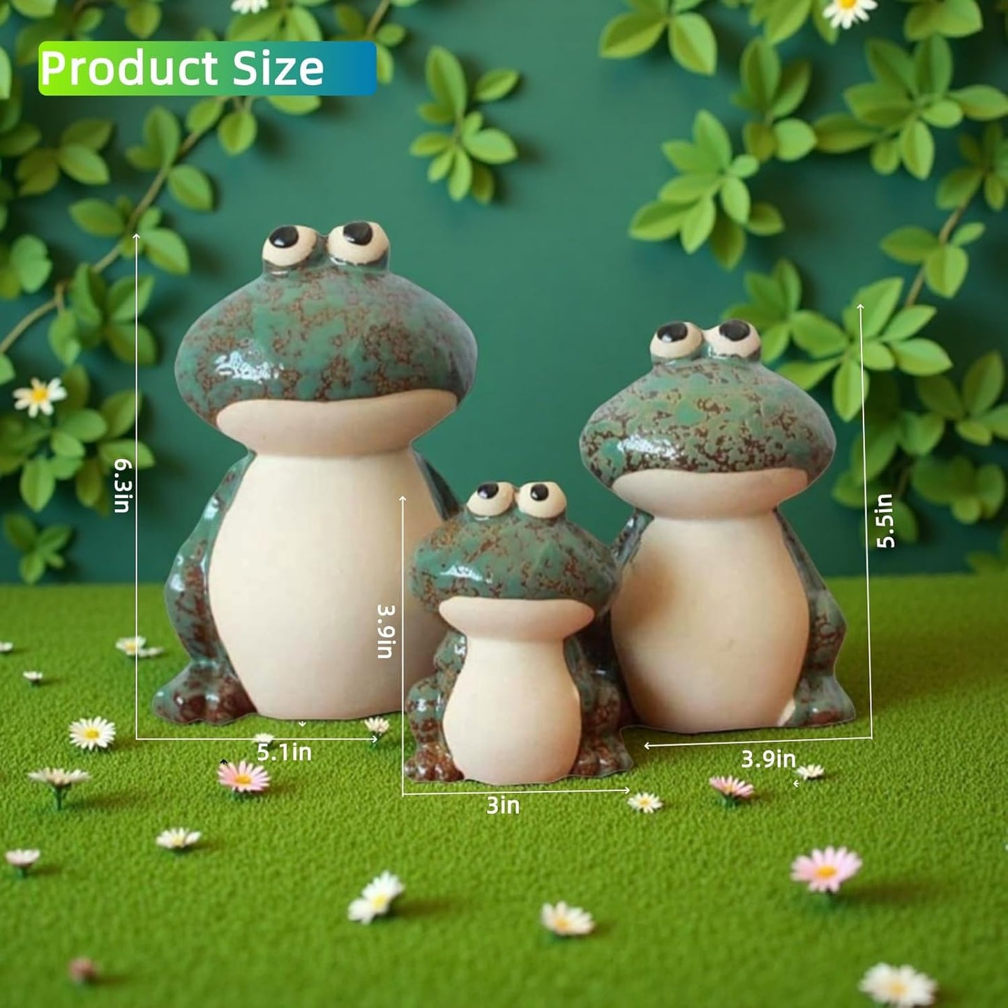 Ceramic Frog Garden Decor Set of 3 - Funny Cute Frog Lawn Ornaments, Outdoor Pond Patio Statues for Yard, Front Porch, Backyard Decor (Dad, Mom & Baby Frogs)