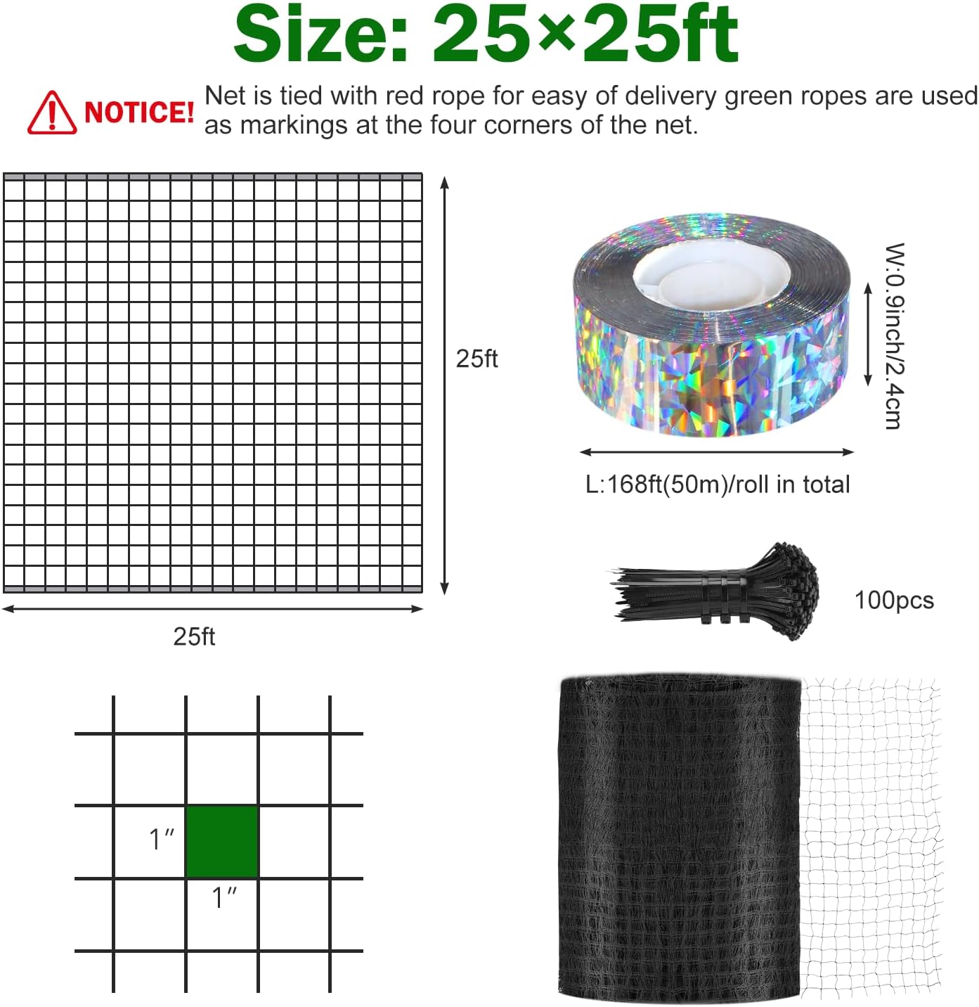 Bird Netting 25x25 Ft, 1 in Mesh Heavy Garden Protection Net, Reusable Deer Net for Protect Fruit Trees, Plants and Vegetables, Chicken, Bird Repellent, Squirrels and Other Animals