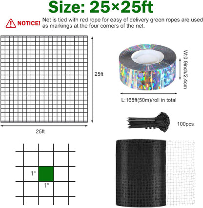 Bird Netting 25x25 Ft, 1 in Mesh Heavy Garden Protection Net, Reusable Deer Net for Protect Fruit Trees, Plants and Vegetables, Chicken, Bird Repellent, Squirrels and Other Animals