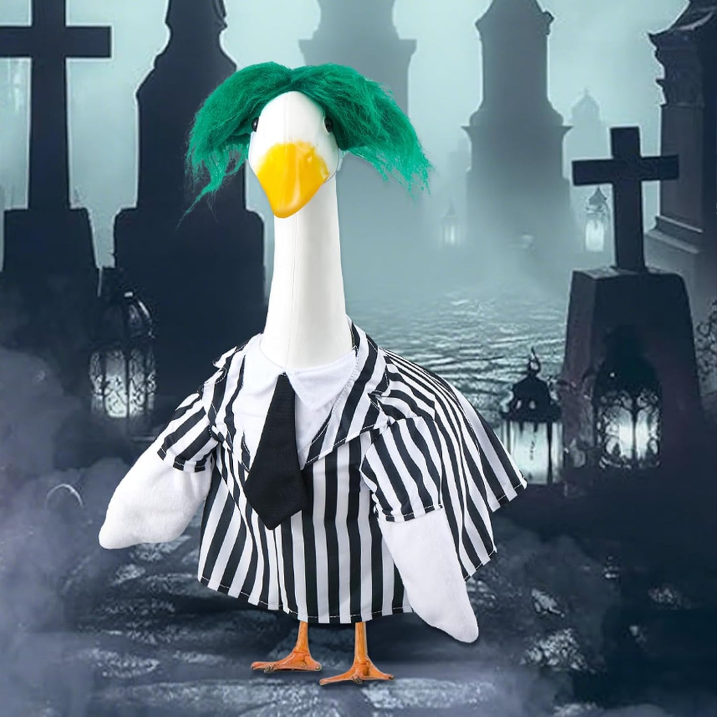 Halloween Porch Goose Outfits Black and White Striped Suit and Wig Movie Clothes for 23 Inch Cement Goose Halloween Costume Outdoor Yard Lawn Garden Patio Decor