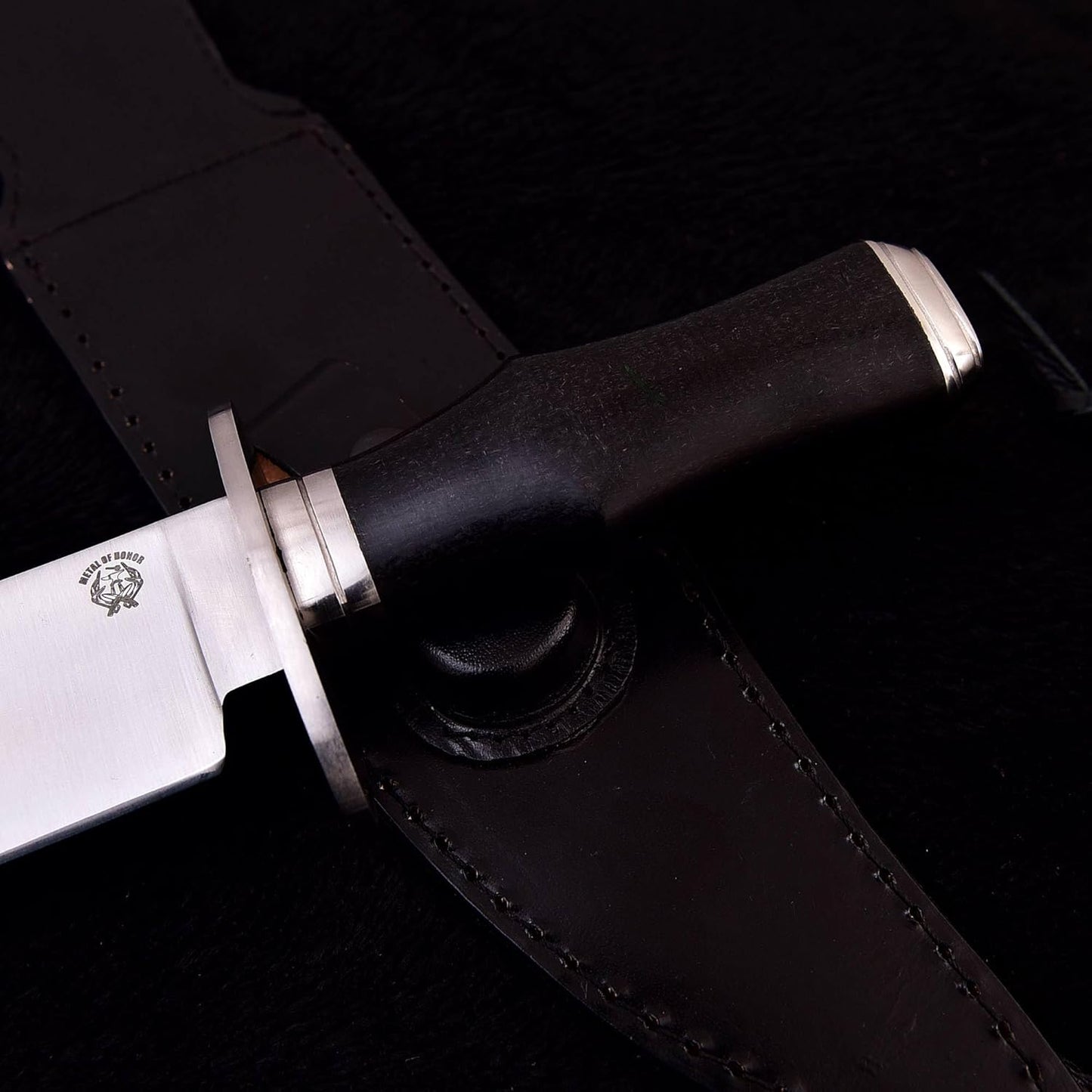 Survival Hunting Knife with Sheath, Handmade 15-inch Full Tang D2 Fixed Blade Tactical Bowie Knife for Camping, Outdoor, Bushcraft, Father's Day Gifts with Solid Engineered Wood Handle (Black)