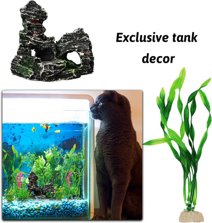 Fish Tank Accessories Aquarium Decorations Plants, 9pcs Green Fish Tank Decorations Plants and Cave Rock Decoration Decor Set, Aquarium Decor Plastic Plants