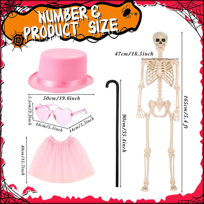 Tellingyou 6 Pcs Halloween Skeleton Decorations, Include 2 Pcs 5.4 ft Pink White Posable Life Size Skeletons, 1 Cane, 1 Tulle Skirt, 1 Hat, 1 Pink Glasses for Halloween Graveyard Haunted Decor