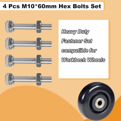 M10 Hex Bolts and Nuts Set, M10x60mm Fully Thread Bolt, M10-1.25mm Hexagon Nut with Flat Washers, Spring Washers 304 Stainless Steel Fastener Set for Caster Wheels Assembly 4 Sets