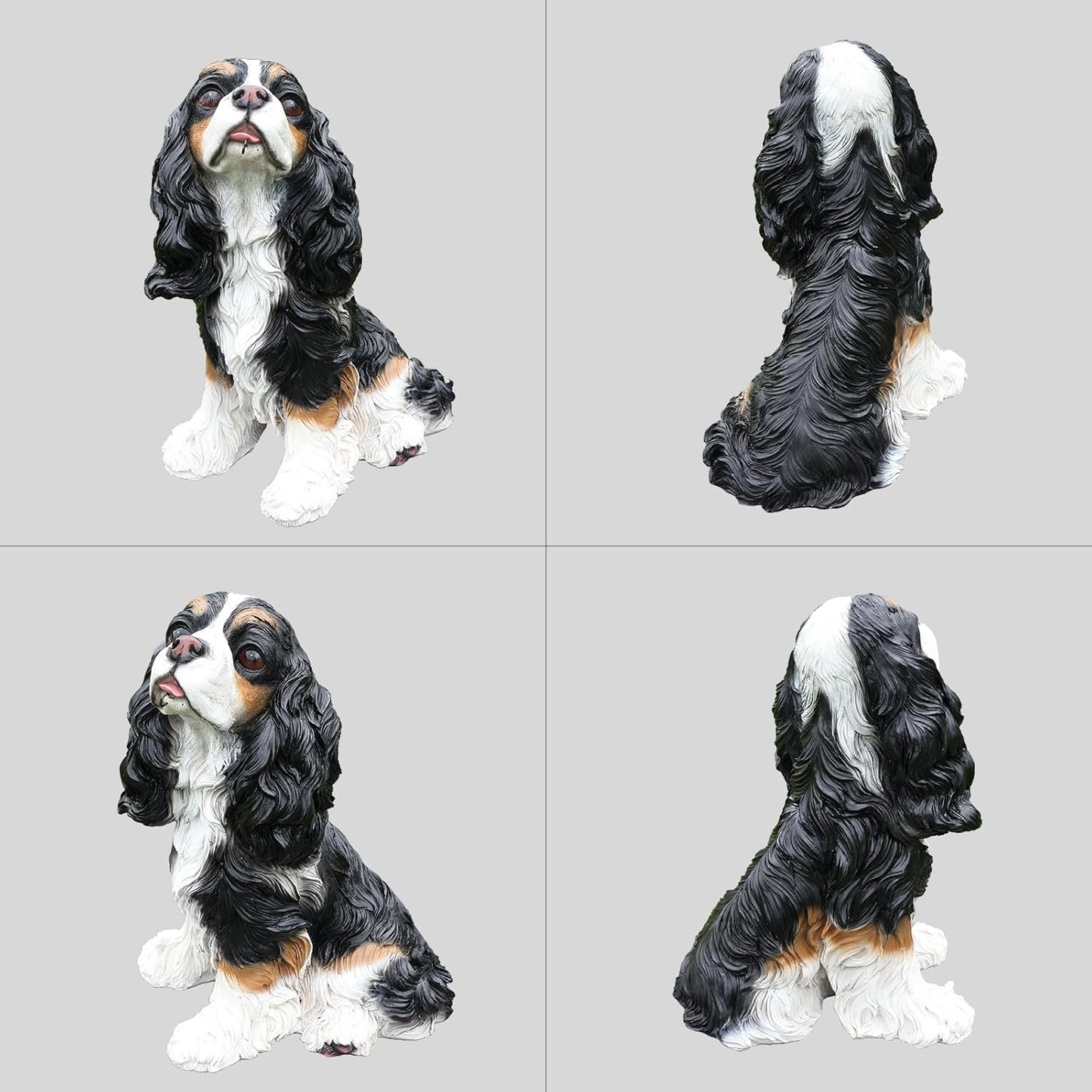 Cavalier King Charles Spaniel Outdoor Dog Statue with Reversible “Welcome/ON Patrol” Hanging Plaque and Solar Porch Lantern, Black & White Sitting