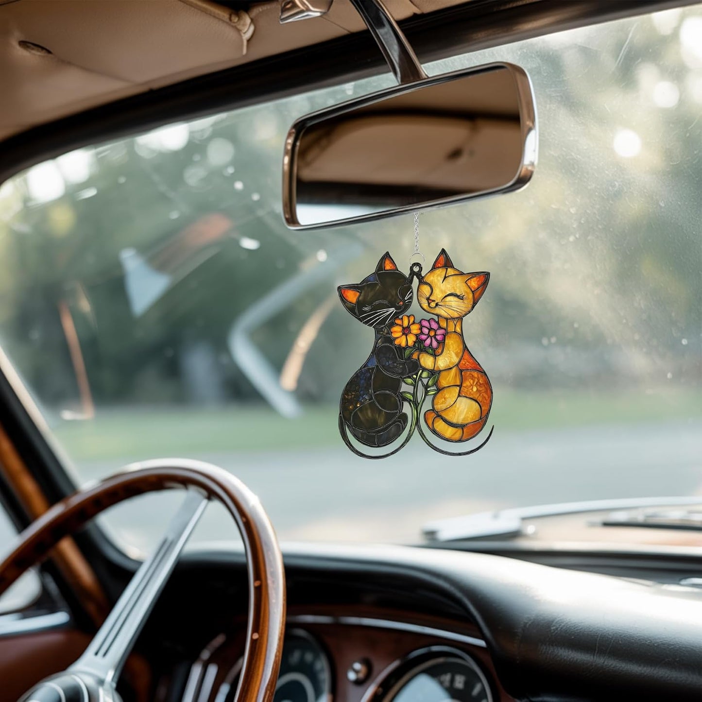 Couple Cats Flower Acrylic Suncatcher Stained Glass Effect Window Car Hanging Christmas Ornament Indoor Outdoor Decor Garden Sun Catcher Panel Gifts for Cat Lover for Women Mom Grandma