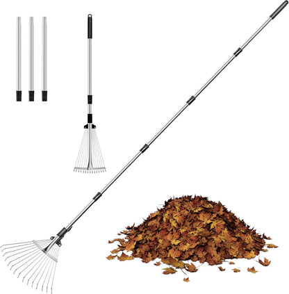 Garden Rake for Leaves, Heavy Duty Metal Adjustable Leaf Rake for Lawns, Length 37"-81", Adjustable Expandable Head 8"-15", Garden Tools for Lawn Garden Yard Flowers Beds Bush
