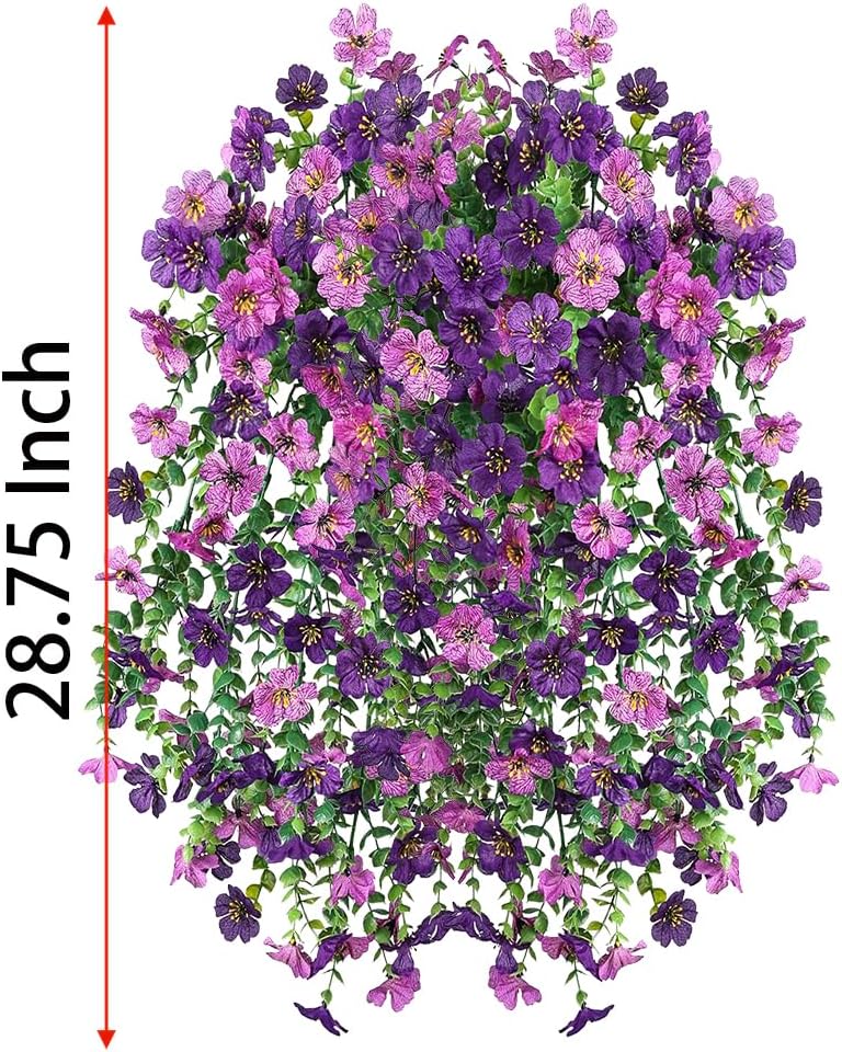 Artificial Hanging Plants Flowers Fake Outdoor Plants Artificial for Porch Hanging Faux Flowers Outdoor Home Porch Decor (2Pcs, Double Purple)