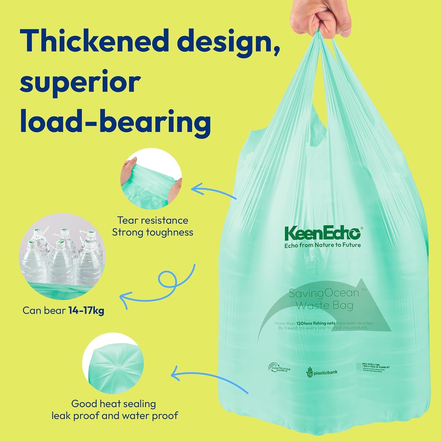 13 Gallon 80 Counts Small Green Trash Bags with Handle, Ocean Fishing Nets Upcycling, Sage & Sea Salt Scented, Plastic Garbage Bags, Waste Bag for Kitchen, Bathroom, Office and Pets