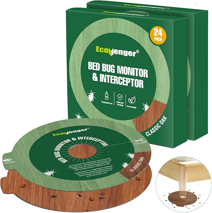 EcoVenger Bed Bug Monitor & Interceptor Super Glue Traps 48 Ct, Discreet Floor Color Classic Oak, Blocks Bed Bugs' Access to Beds/Futon/Couch, for Hard Floor, New Upgraded Version Easier to Peel & Use