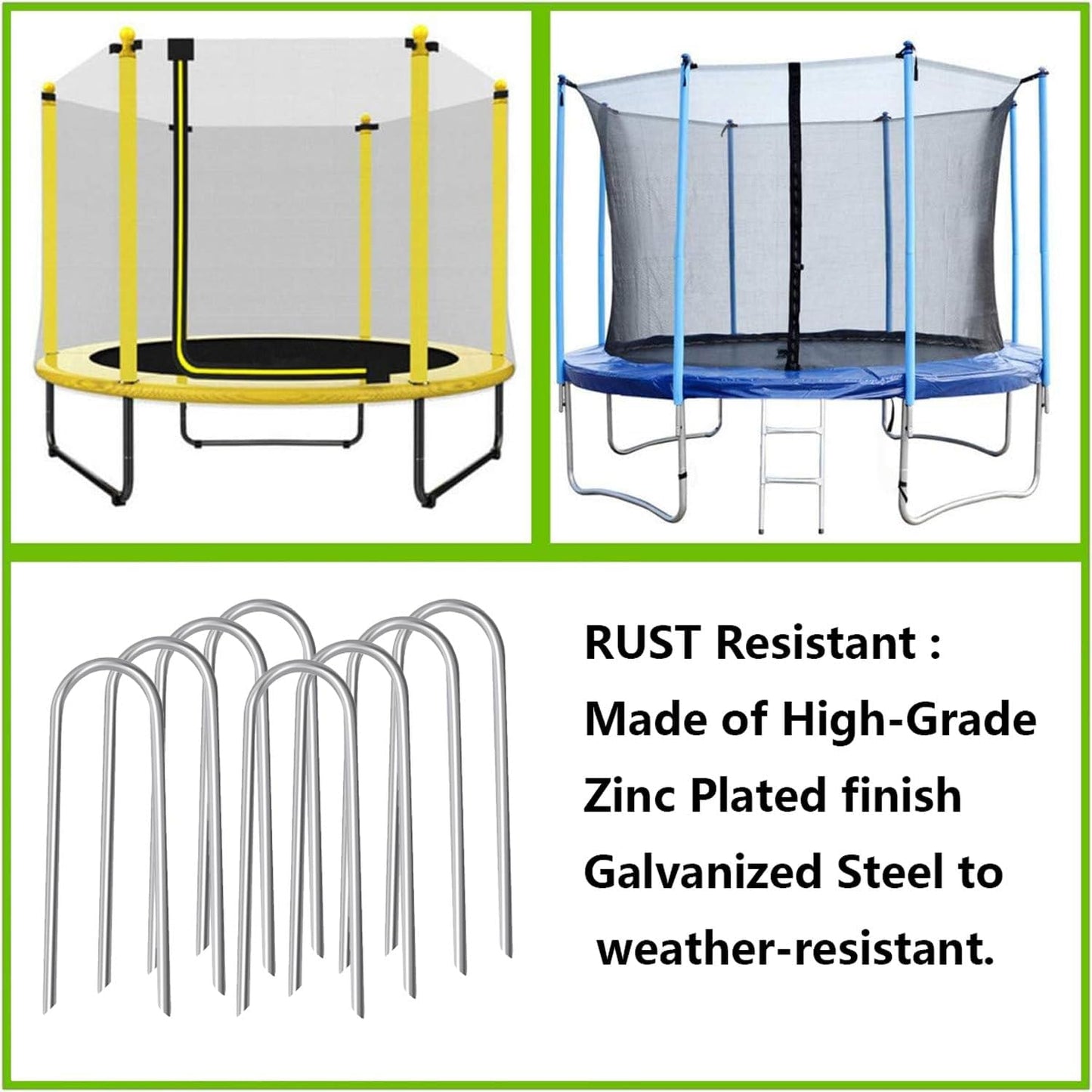 10inch Trampoline Stakes Heavy Duty Trampoline Parts Wind Stakes U Type 8pcs Ground Anchors High Wind Galvanized Steel Stakes for Trampoline Camping Tent Garden (Silver)