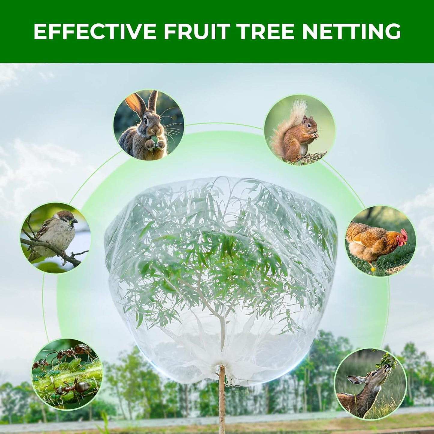 Fruit Tree Netting with 2-Way Zipper & Drawstring - 6.4Ft x 6.4Ft Garden Plant Net Pest Barrier to Prevent Cicadas Bird Squirrel Deer - Bug Protection for Blueberry Tomato with Fine Mesh Insect Cover