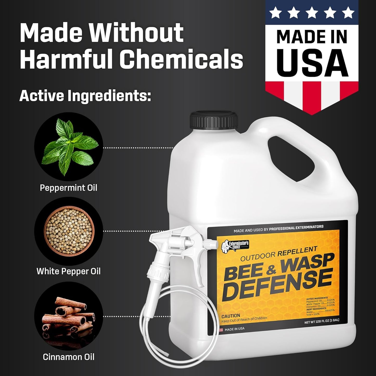 Exterminator’s Choice Bee Exterminator & Wasp Defense - 125 fl oz Cinnamon Scent - Natural Essential Oil Formula Keeps Bees Away Outside - Safe for Kids & Pets - Made in USA