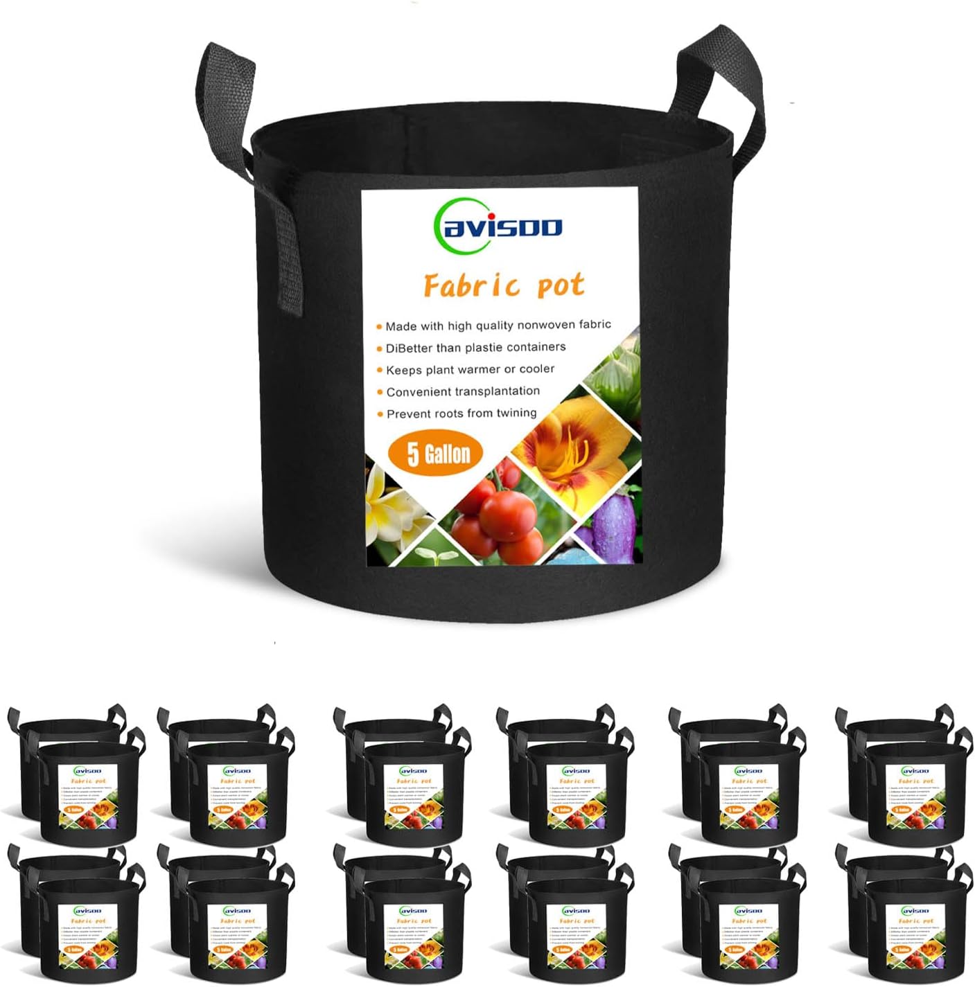24-Pack 5 Gallon Grow Bags, Heavy Duty Thickened Non-Woven Plant Fabric Pots with Reinforced Handles