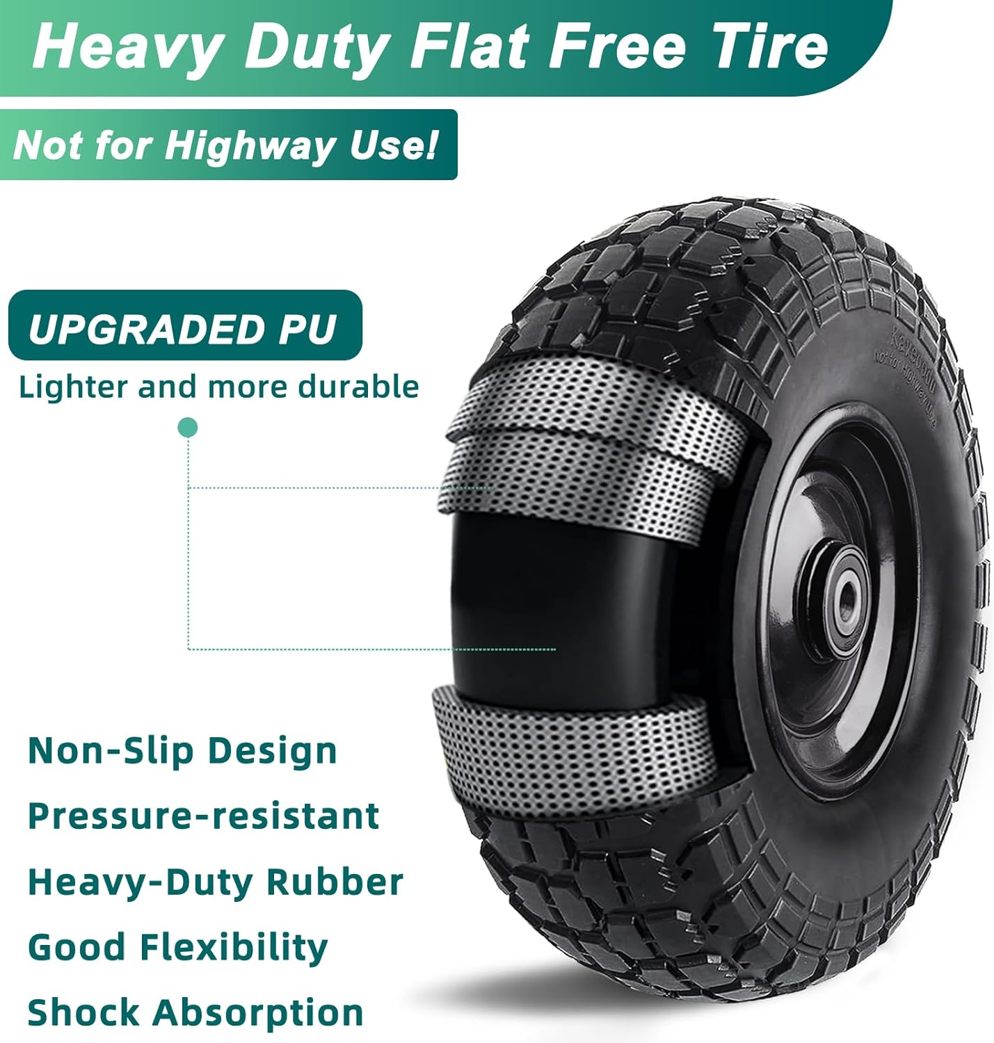 12'' Flat Free Tires Rubber Replacement Solid Tire and Wheel Assemblies for Hand Trucks Garden Cart Wheelbarrow - 3.5”Wide Polyurethane Tires 2.1 Hub with 5/8 Inch Axle Borehole (410/350-6)