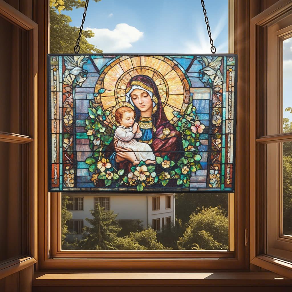 Personalized Rectangle Art Nouveau Madonna and Child Stained Glass Window Hangings Stained Glass Suncatcher Birthday Gift for Mom Grandma Teacher Women Friend Memorial Hook