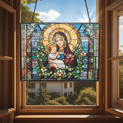 Personalized Rectangle Art Nouveau Madonna and Child Stained Glass Window Hangings Stained Glass Suncatcher Birthday Gift for Mom Grandma Teacher Women Friend Memorial Hook