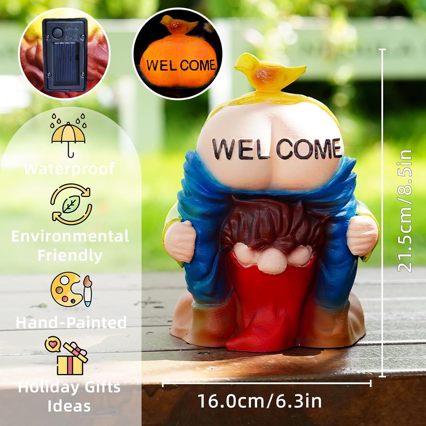 Solar Garden Statues Lights, 8.5" Cute Outdoor Gnome Figurine with Auto On/Off for Yard Patio Decor, Gifts for Women, Grandma, Mom, Housewarming (Welcome Gnome)