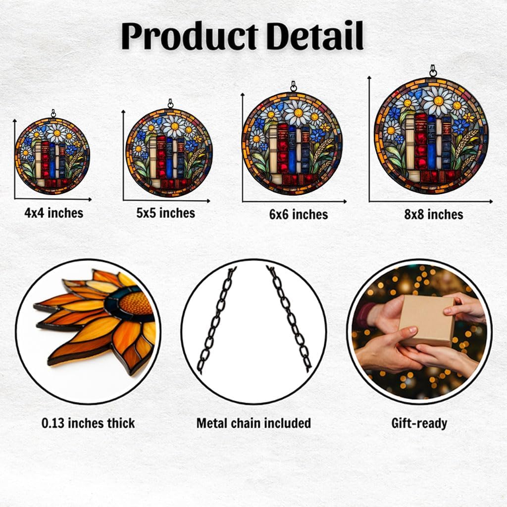 Floral Stack of Bookks Acrylic Suncatcher Stained Glass Effect Window Car Hanging Christmas Ornament Indoor Outdoor Decor Garden Sun Catcher Panel for Book Lover for Women Mom Grandma