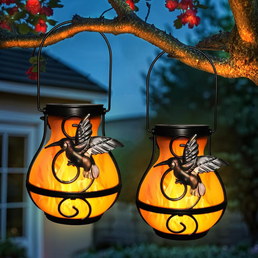 X-PREK 2 Pack Solar Lanterns Outdoor Waterproof Hummingbird Hanging Solar Lantern Flickering Flame Lights Solar Powered Lamps Garden Patio Porch Decoration(Plastics)