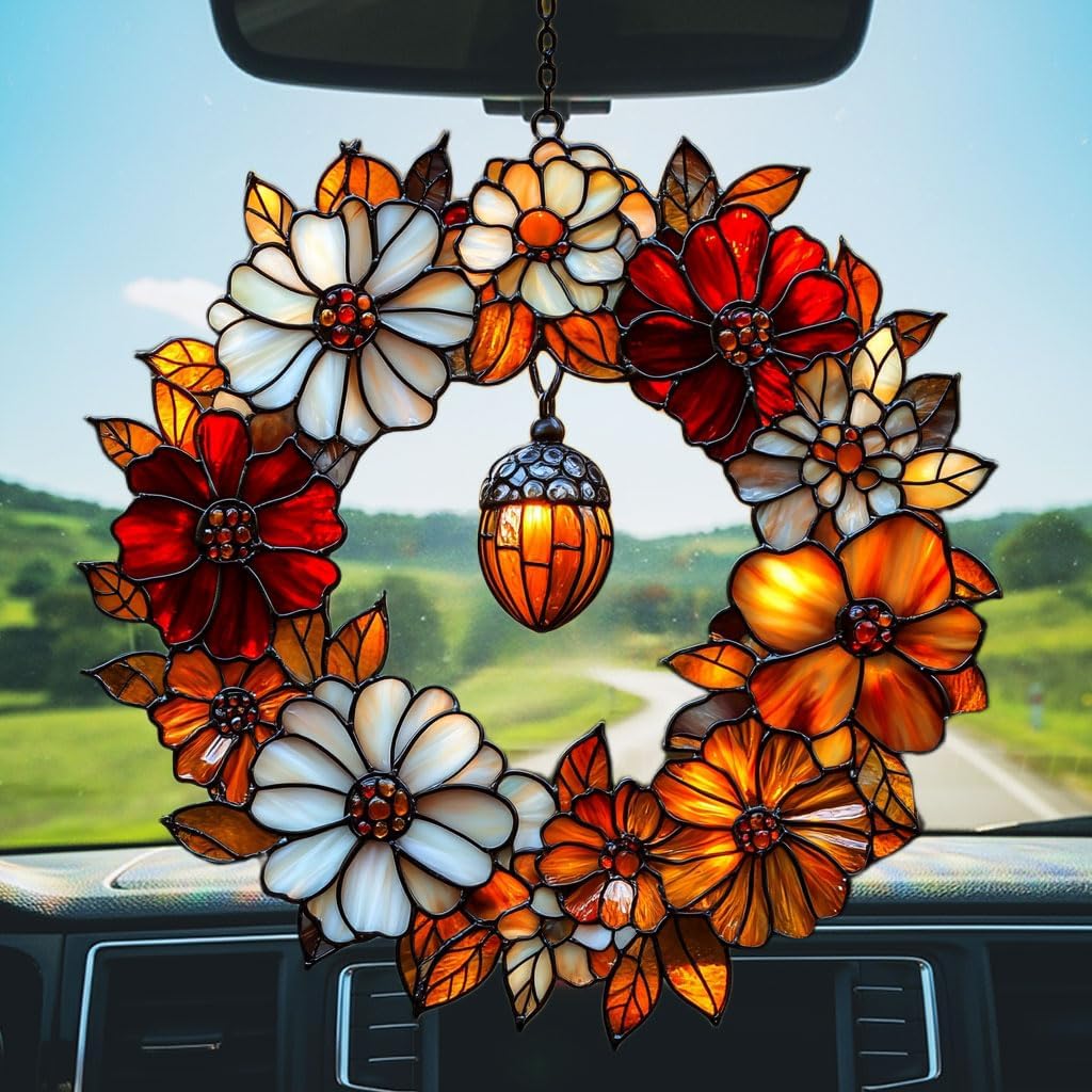 Autumn Floral Wreath Acrylic Suncatcher Stained Glass Effect Window Car Hanging Christmas Ornament Indoor Outdoor Decor Garden Sun Catcher Panel for Acrylic Suncatcher Lover for Women Mom Grandma