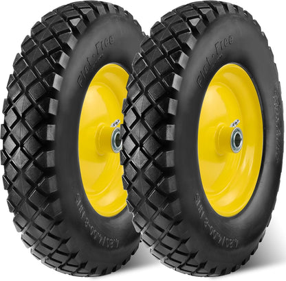 MaxAuto Wheelbarrow Tires 4.80 4.00-8 Flat-Free Tire and Wheel 16 Inch Solid Tires w/Grease Fitting, 3" Centered Hub, 3/4" Bearings, 4.80 4.00-8 Tire for Hand Truck Trolley Garden Cart Wagon, Yellow