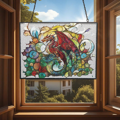 Rectangle Blood Dragon Stained Glass Window Hanging Sun Catcher Halloween Haning Ornament Decoration Christmas Birthday Gifts for Lover, Friends