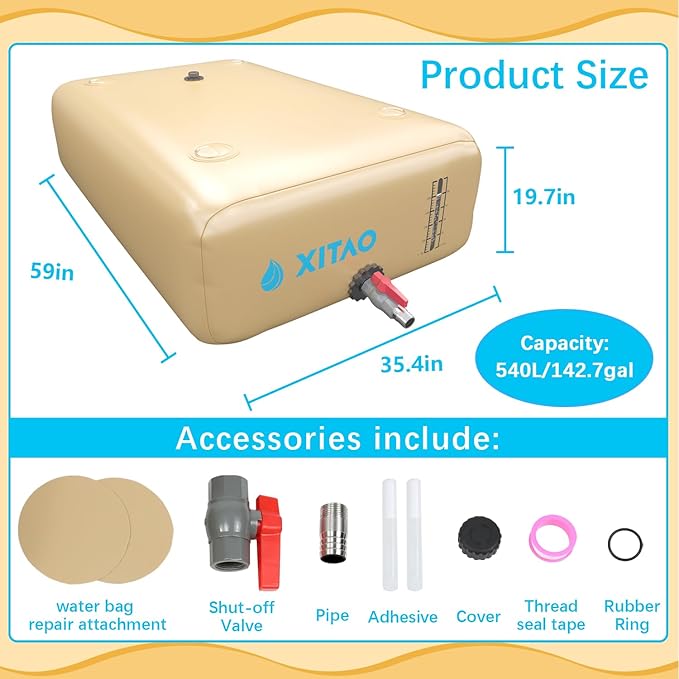 XITAO 142gal/540L Water Storage Bladder w/Water level Indicator, Large Capacity Foldable Water Storage Containers, Portable Emergency Water Tank Water Bag for RVs, Fire Prevention, Irrigation