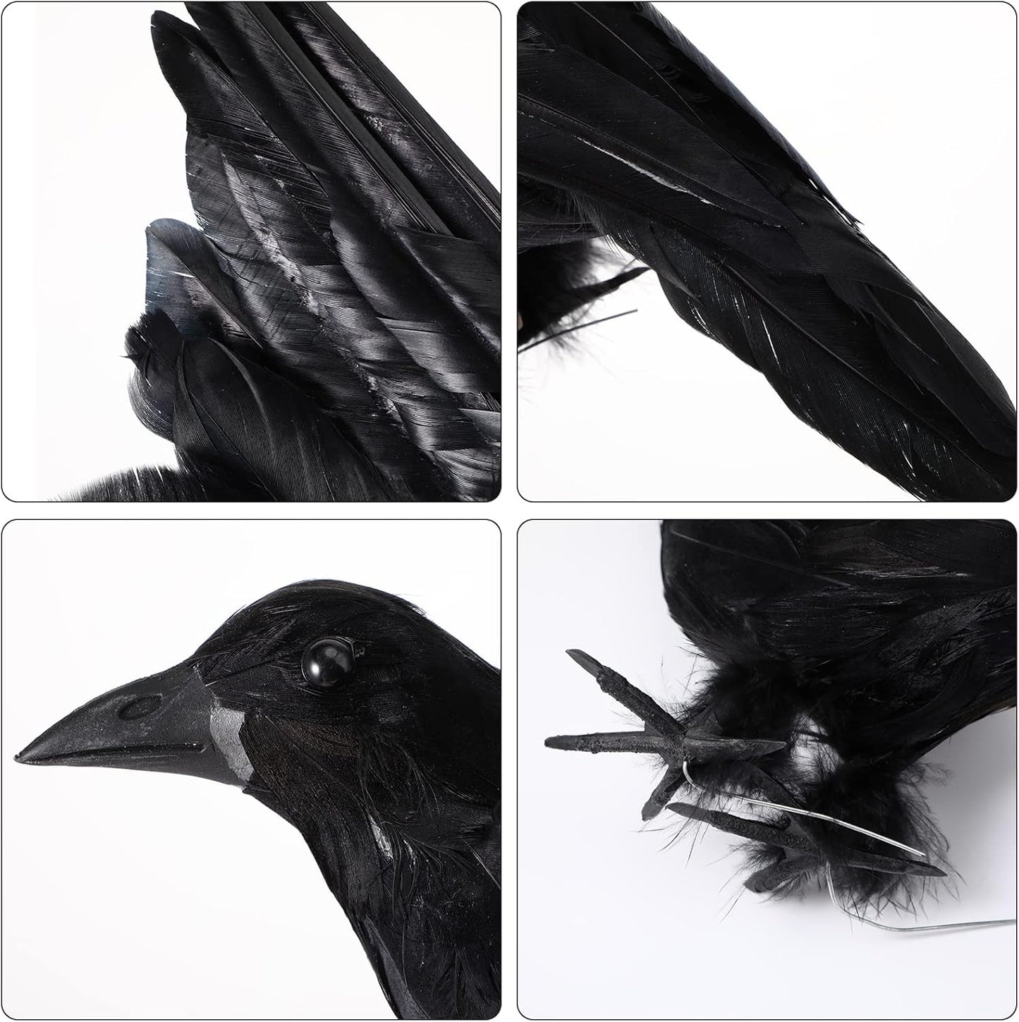 Yerliker 5 Pcs Halloween Black Feathered Crow and Skull Statue Set Handmade Realistic Crow Decor Spooky Plastic Fake Porch Decor for Halloween Decorations