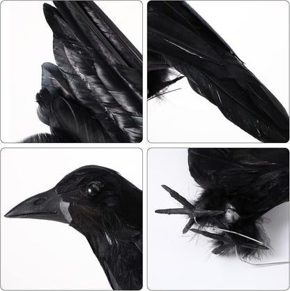 Yerliker 5 Pcs Halloween Black Feathered Crow and Skull Statue Set Handmade Realistic Crow Decor Spooky Plastic Fake Porch Decor for Halloween Decorations