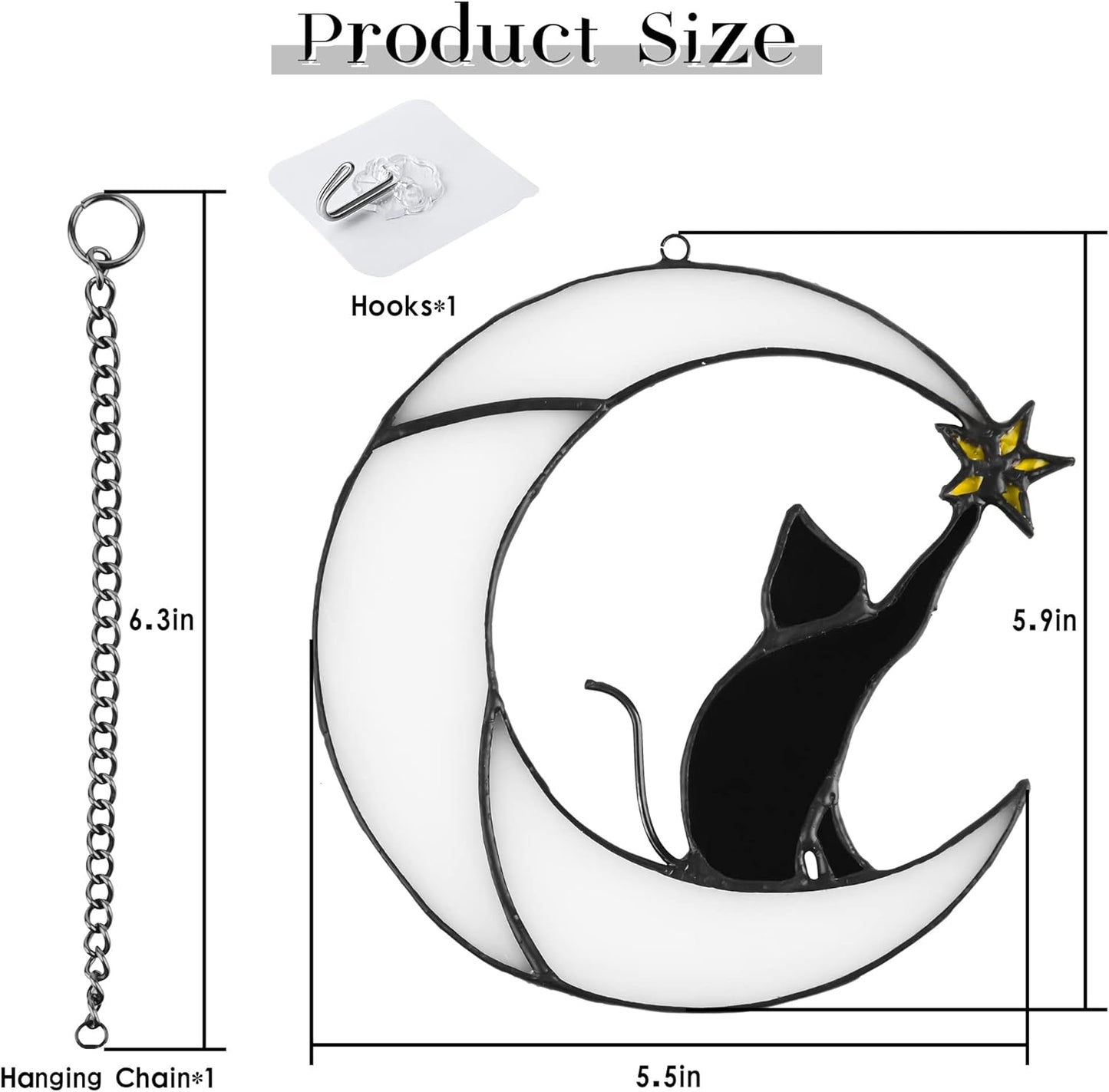 Stained Glass Cat on Moon Pick Star Window Hanging Suncatchers Memorial Gift Decor for Women (Black Cat on White Moon)