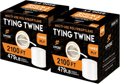 Polypropylene Tying Twine - 3 Ply White Plastic Poly String 2800' Roll - Soft On Hands - Heavy Duty Outdoor & Indoor Tie Line - Baling, Shipping & Bundling Twine, Packaging Rope 2 Pack