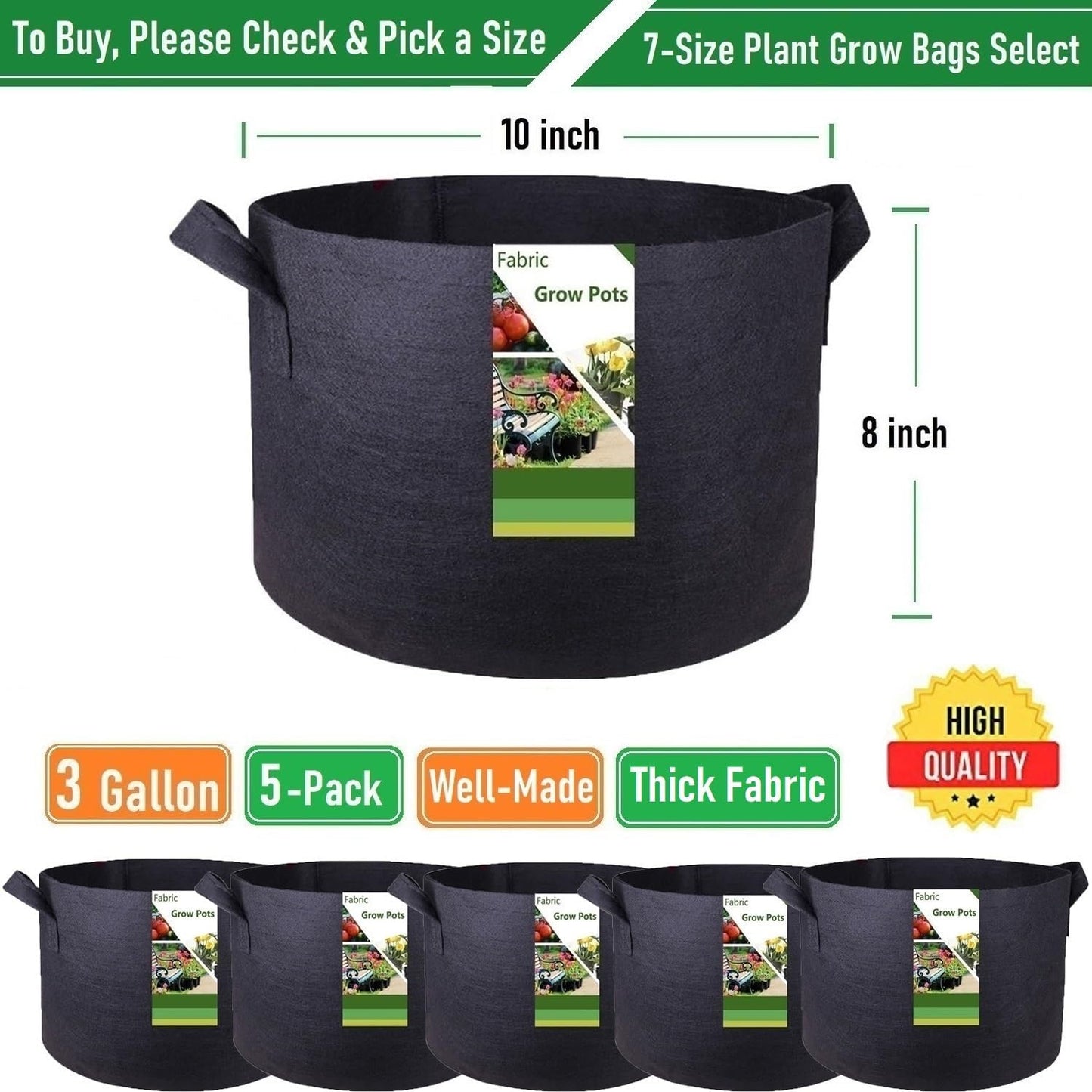5-Pack 3 Gallon Plant Grow Bags (10x8 inch) Thickened Gardening Bags Fabric Plant Pots for Garden Pots,Flower Pot,Plant Nursery Bag,Herbs Veggies Planter Bag,Barrel Planter,Garden Container W/ Gloves