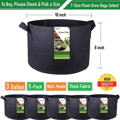 5-Pack 3 Gallon Plant Grow Bags (10x8 inch) Thickened Gardening Bags Fabric Plant Pots for Garden Pots,Flower Pot,Plant Nursery Bag,Herbs Veggies Planter Bag,Barrel Planter,Garden Container W/ Gloves