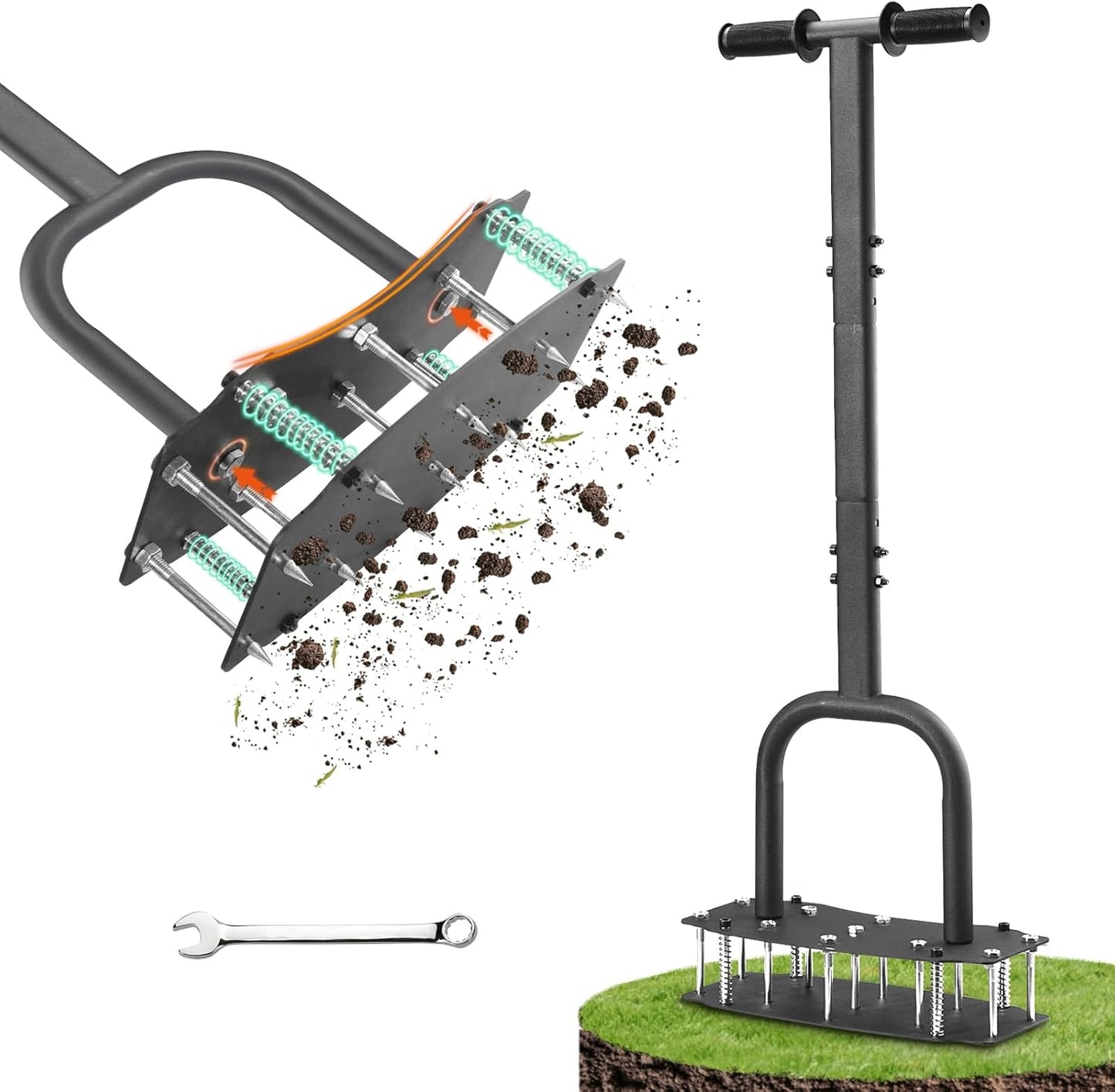 [Bolt-On Base] Lawn Aerator - Kick to Unclog Jammed Springs in 3 Secs! No Welding to Ever Break, 12.2"x6" Wide Plate Saves 20% Time, for Compacted Clay Soil (Pre-Assembled)