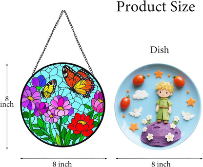 Flower Butterfly Suncatchers for Windows Hanging - 8 in Stained Glass Sun Catchers Indoor Window Decor, Suncatcher Stain Glass Window Hanging for Home, Gifts for Holiday or Wall Art