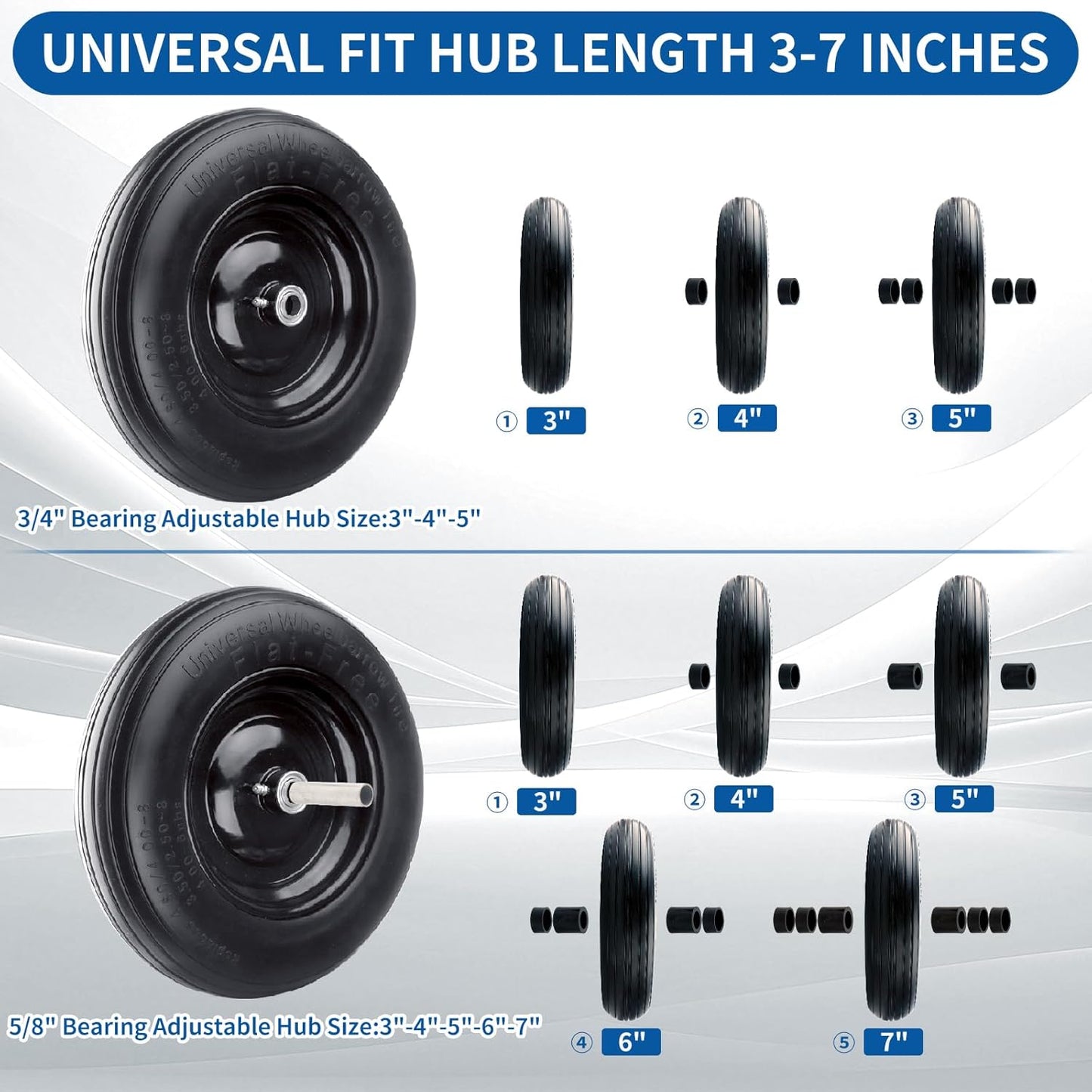RRQ 4.80/4.00-8 Tire Flat Free, 14.5" Solid Wheelbarrow Tire with 3" Centered Hub and 3/4" Bearings(Comes with 5/8" ID Iron Tube Adapter), Universal Fit 4.80-8, 4.00-6, 3.50/2.50-8 Wheelbarrow Wheels