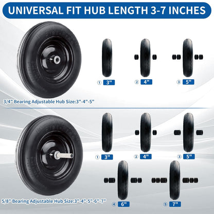 RRQ 4.80/4.00-8 Tire Flat Free, 14.5" Solid Wheelbarrow Tire with 3" Centered Hub and 3/4" Bearings(Comes with 5/8" ID Iron Tube Adapter), Universal Fit 4.80-8, 4.00-6, 3.50/2.50-8 Wheelbarrow Wheels