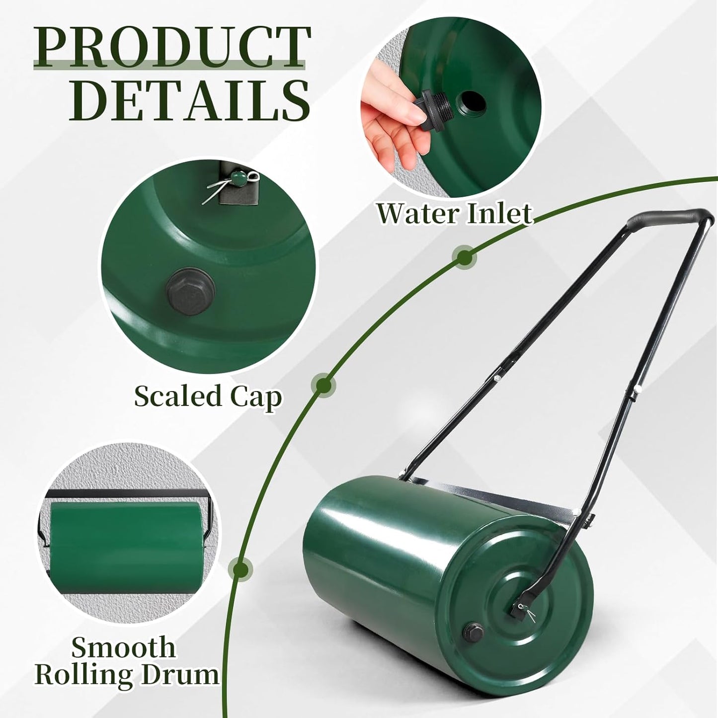 Outvita Lawn Roller, 13 Gallons Water and Sand Filled Garden Drum Roller with U Shaped Handle Tow beind Sod Roller for Planting, Seeding(Green ＆ Black)