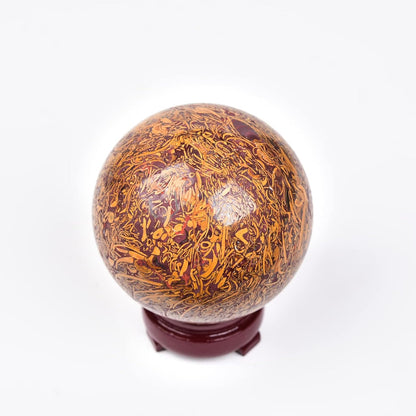 JIC Gem Golden Jade Quartz Crystal Ball Healing Crystal Gemstone Sphere with Decorative Wooden Stand for Meditation Gifts Decoration (80-90mm)