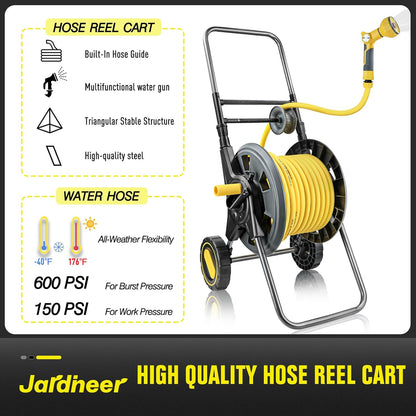 Jardineer Hose Reel Cart with Wheels, Include 100FT Water Hose and Sprayer Nozzle, Portable Garden Hose Set for Watering Flowers, Cleaning Floors, Washing Cars Outside