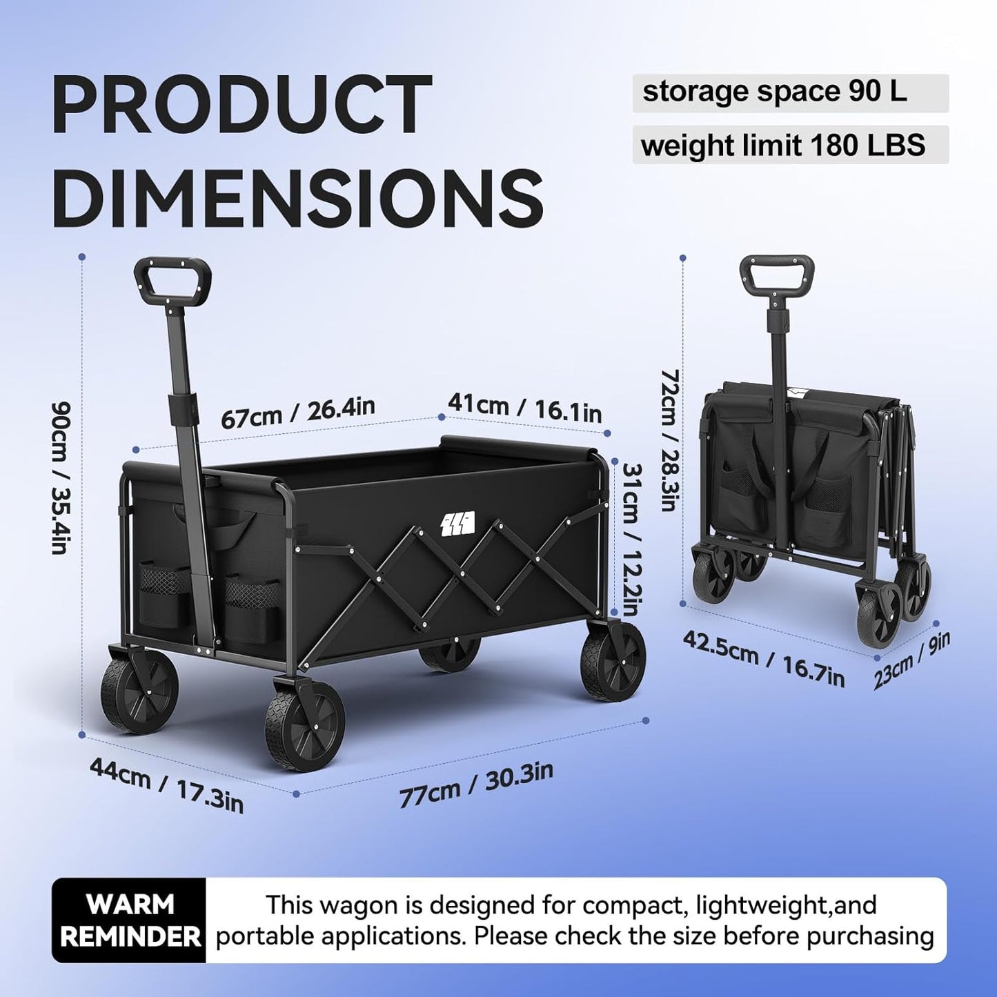 Collapsible Foldable Wagon, Folding Wagon with Wheel Heavy Duty with 180lbs Weight Capacity Lightweight Utility Camping Cart for Groceries Garden Beach Sports Fishing (Black)